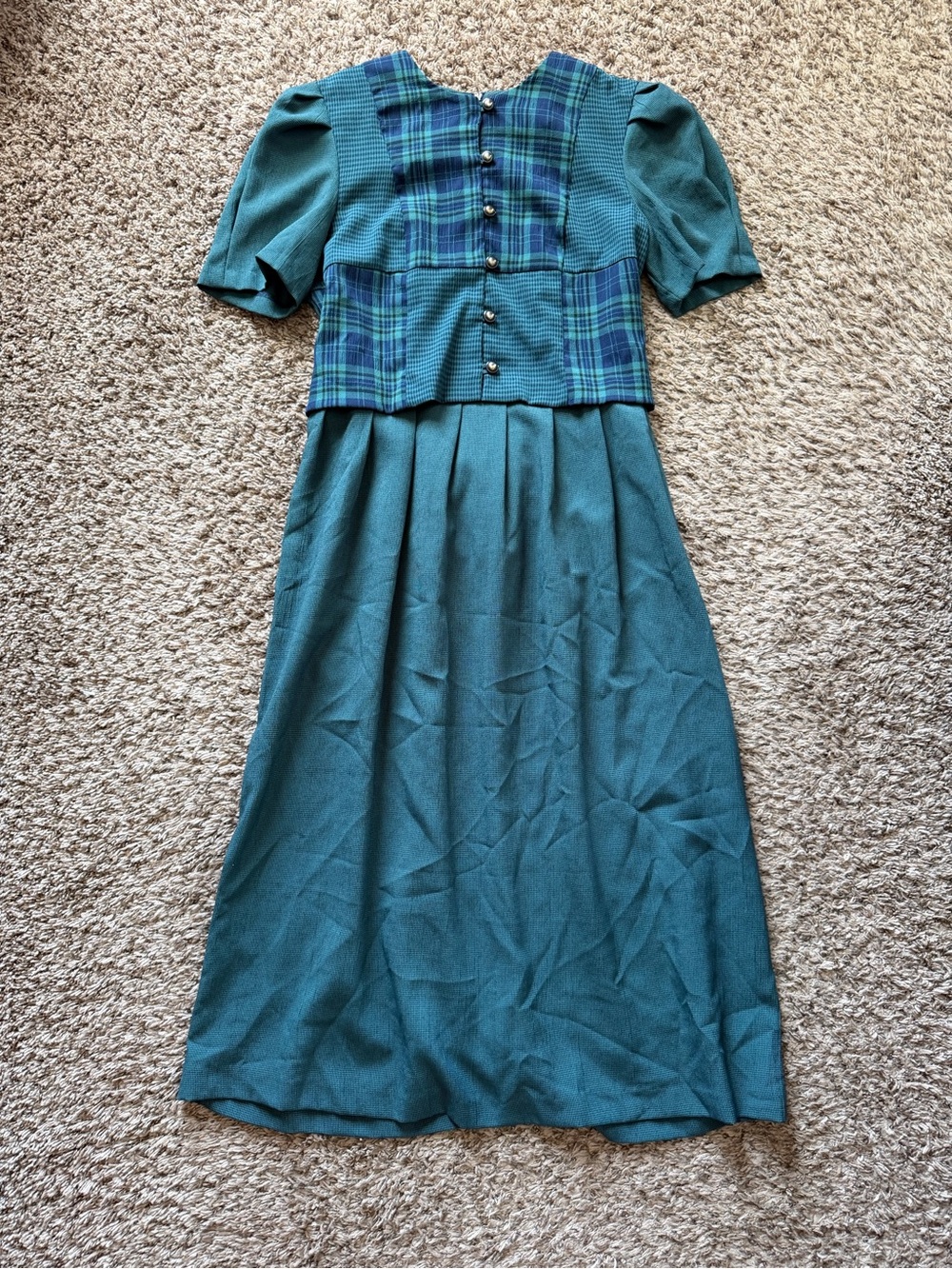 Vintage Miss Dorby Plaid Bodice Green Midi Tea Dress L